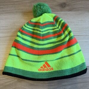 Adidas‎ Green Striped Beanie with Embroidered Logo Pom One Size